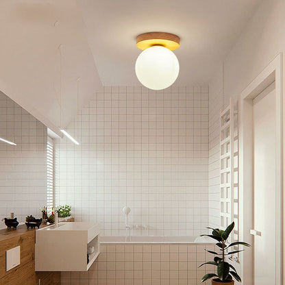 Modern Minimalist Globe Wood Glass 1-light Semi-flush Mount Ceiling Light for Living Room
