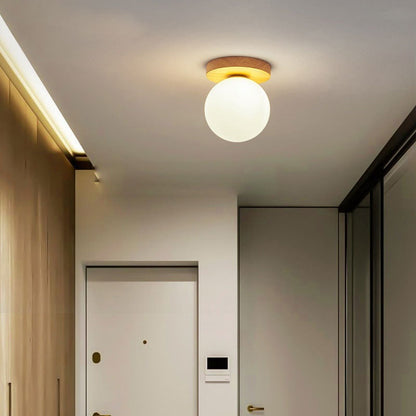 Modern Minimalist Globe Wood Glass 1-light Semi-flush Mount Ceiling Light for Living Room