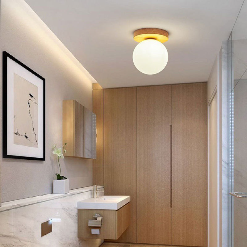 Modern Minimalist Globe Wood Glass 1-light Semi-flush Mount Ceiling Light for Living Room