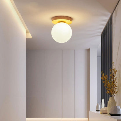 Modern Minimalist Globe Wood Glass 1-light Semi-flush Mount Ceiling Light for Living Room