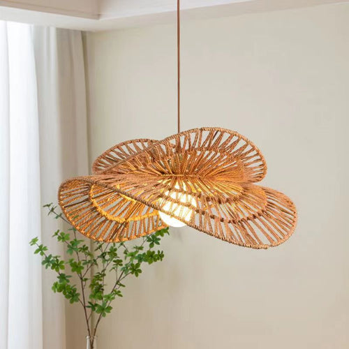Traditional Japanese Oval Iron Rattan 1-light Pendant Light for Living Room
