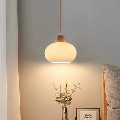 Traditional Japanese Oval Wood Glass 1-Light Pendant Light For Living Room