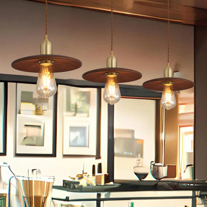 Traditional Japanese Round Copper Wood 1-Light Pendant Light For Living Room