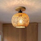 Traditional Japanese Oval Wood Iron Bamboo 1-light Semi-flush Mount Ceiling Light for Living Room
