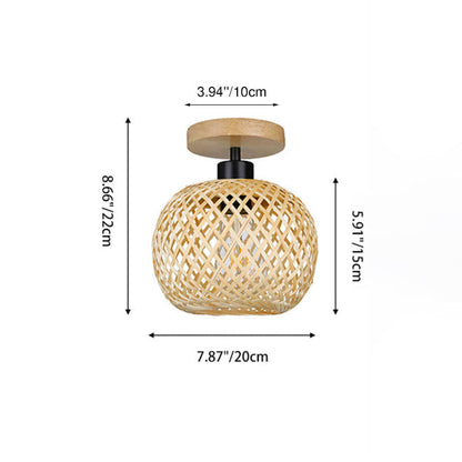 Traditional Japanese Oval Wood Iron Bamboo 1-light Semi-flush Mount Ceiling Light for Living Room