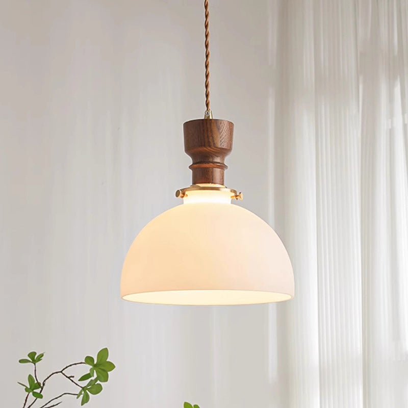 Traditional French Dome Copper Wood Glass 1-Light Pendant Light For Living Room