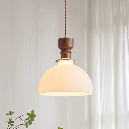 Traditional French Dome Copper Wood Glass 1-Light Pendant Light For Living Room