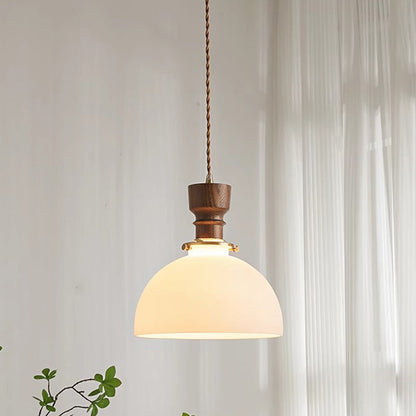 Traditional French Dome Copper Wood Glass 1-Light Pendant Light For Living Room
