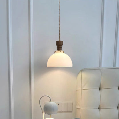 Traditional French Dome Copper Wood Glass 1-Light Pendant Light For Living Room