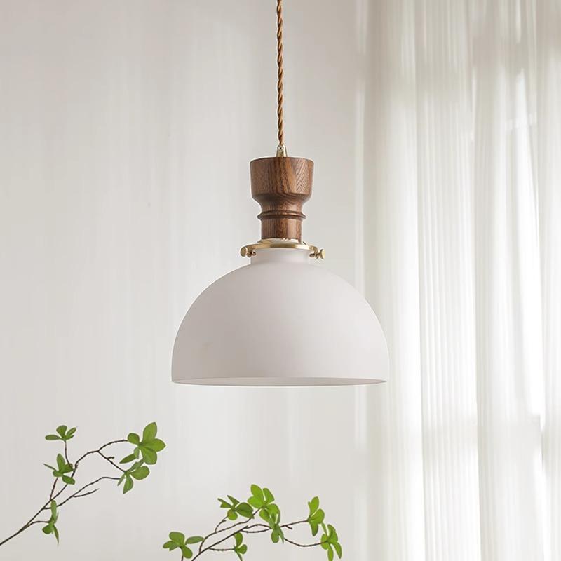 Traditional French Dome Copper Wood Glass 1-Light Pendant Light For Living Room