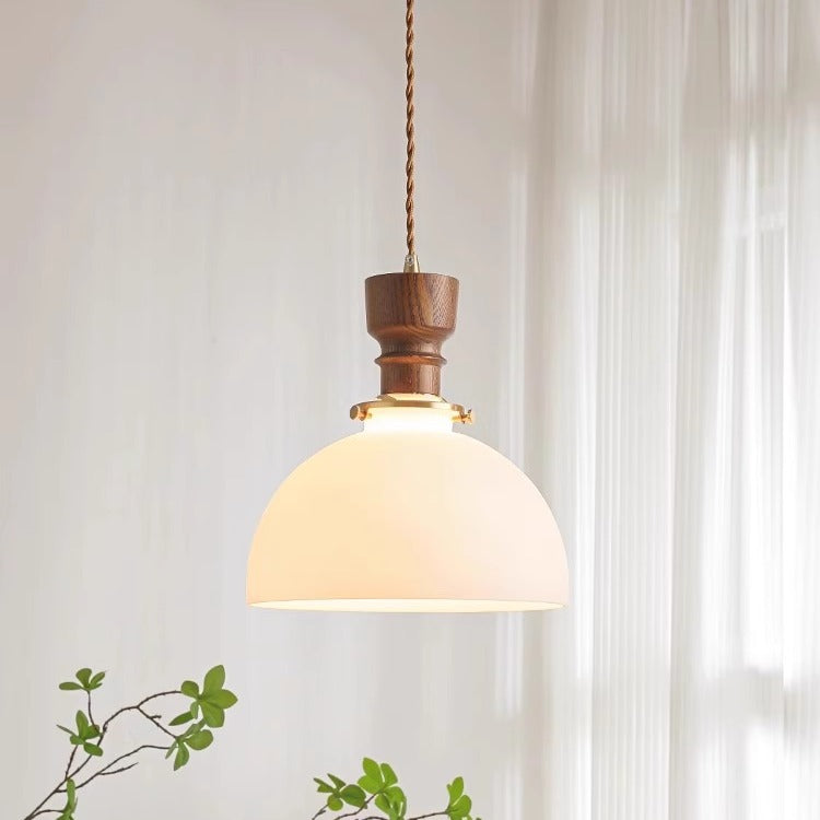 Traditional French Dome Copper Wood Glass 1-Light Pendant Light For Living Room