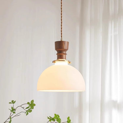 Traditional French Dome Copper Wood Glass 1-Light Pendant Light For Living Room