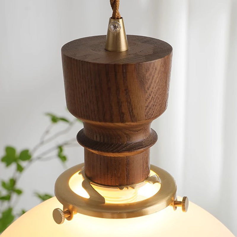 Traditional French Dome Copper Wood Glass 1-Light Pendant Light For Living Room