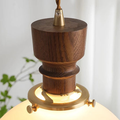 Traditional French Dome Copper Wood Glass 1-Light Pendant Light For Living Room