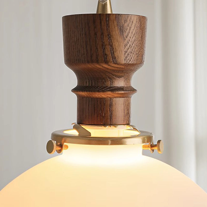Traditional French Dome Copper Wood Glass 1-Light Pendant Light For Living Room