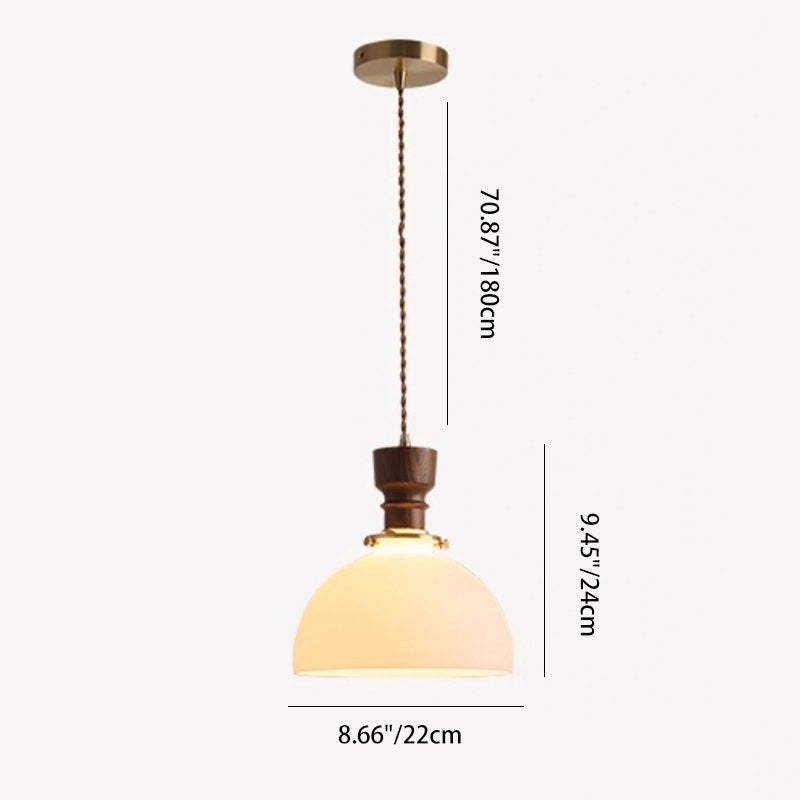 Traditional French Dome Copper Wood Glass 1-Light Pendant Light For Living Room