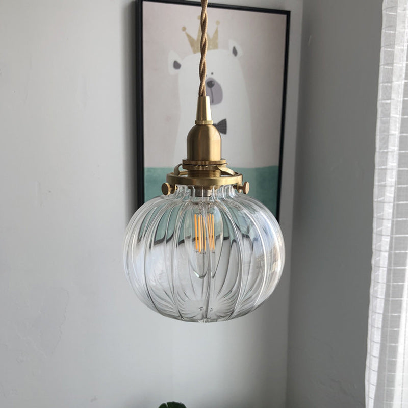 Traditional Japanese Oval Copper Glass 1-Light Pendant Light For Living Room