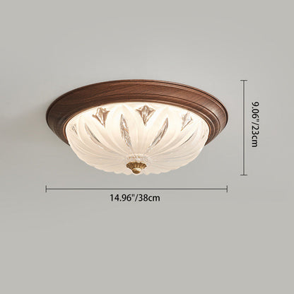 Traditional Vintage Round Wood Glass LED Flush Mount Ceiling Light For Living Room