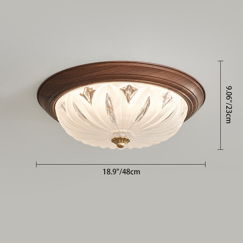 Traditional Vintage Round Wood Glass LED Flush Mount Ceiling Light For Living Room