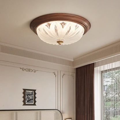 Traditional Vintage Round Wood Glass LED Flush Mount Ceiling Light For Living Room