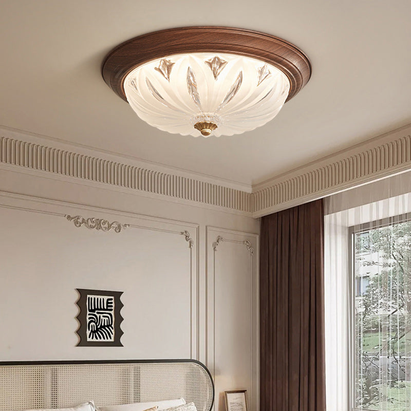 Traditional Vintage Round Wood Glass LED Flush Mount Ceiling Light For Living Room