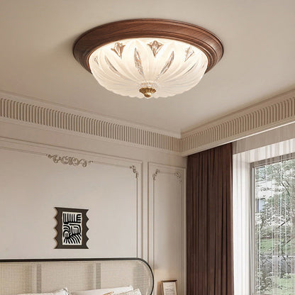 Traditional Vintage Round Wood Glass LED Flush Mount Ceiling Light For Living Room