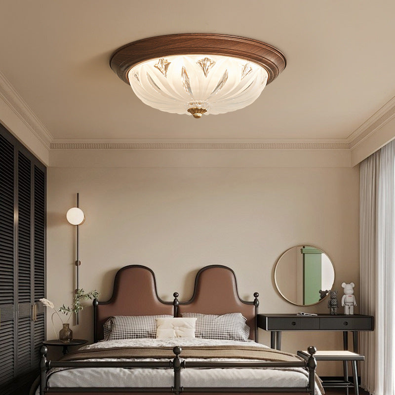 Traditional Vintage Round Wood Glass LED Flush Mount Ceiling Light For Living Room