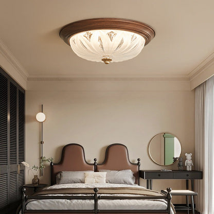 Traditional Vintage Round Wood Glass LED Flush Mount Ceiling Light For Living Room