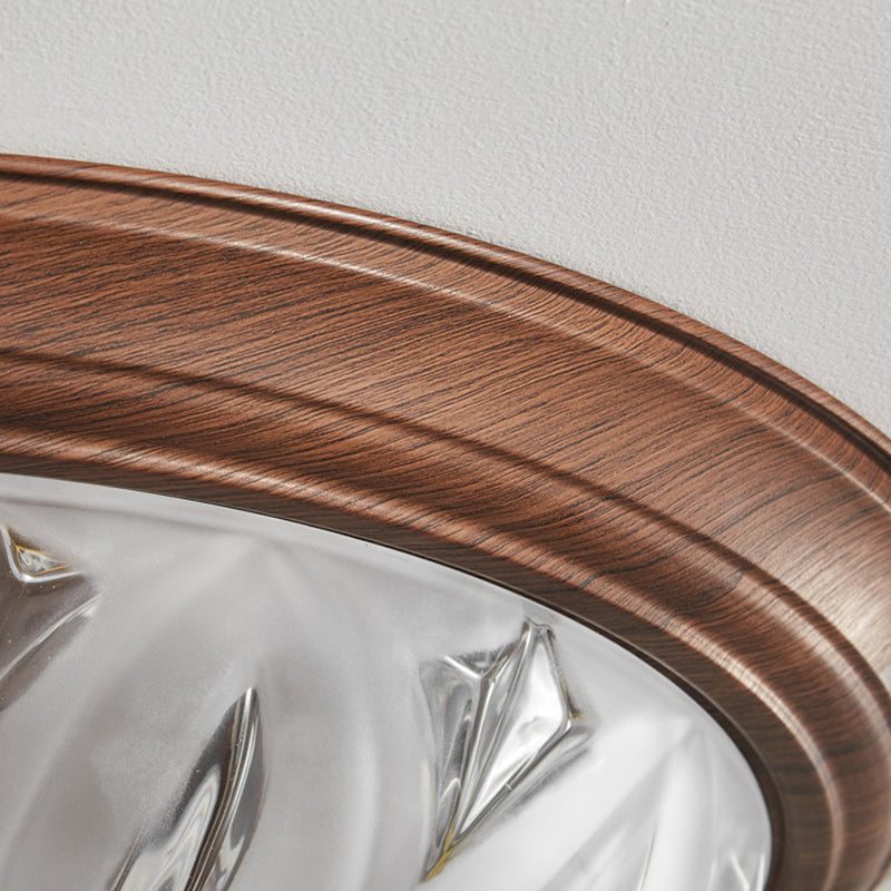 Traditional Vintage Round Wood Glass LED Flush Mount Ceiling Light For Living Room