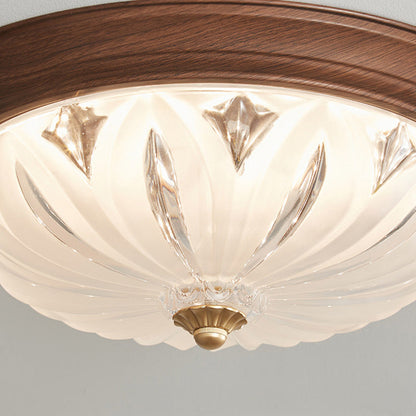 Traditional Vintage Round Wood Glass LED Flush Mount Ceiling Light For Living Room