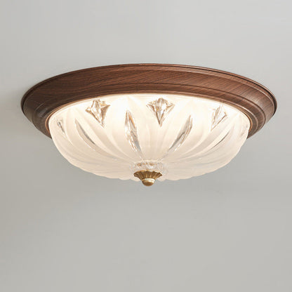 Traditional Vintage Round Wood Glass LED Flush Mount Ceiling Light For Living Room
