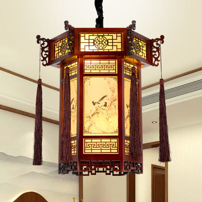 Traditional Chinese Hexagon Wood Paper 1-Light Pendant Light For Living Room