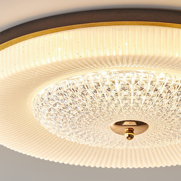 Traditional Vintage Round Wood Acrylic LED Flush Mount Ceiling Light For Living Room
