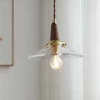 Contemporary Nordic Round Wood Iron Glass 1-Light Pendant Light For Living Room