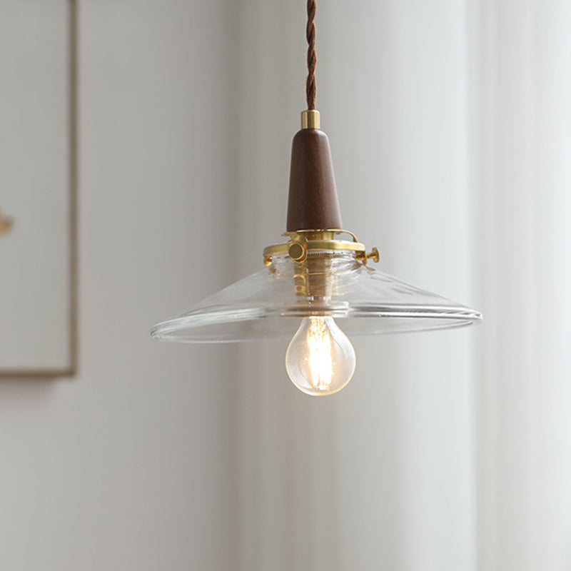 Contemporary Nordic Round Wood Iron Glass 1-Light Pendant Light For Living Room