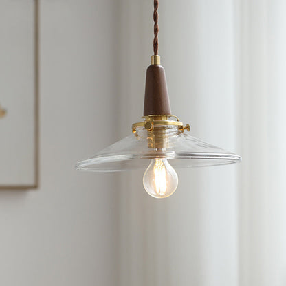 Contemporary Nordic Round Wood Iron Glass 1-Light Pendant Light For Living Room