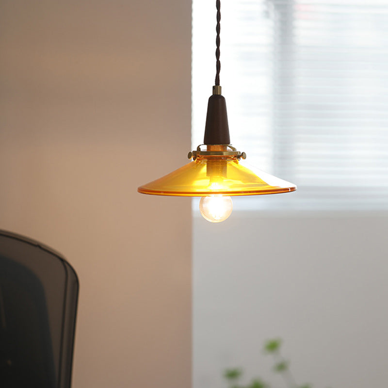 Contemporary Nordic Round Wood Iron Glass 1-Light Pendant Light For Living Room
