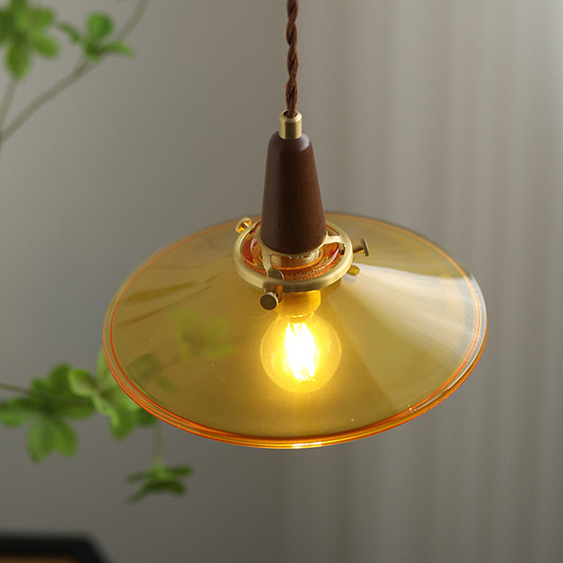 Contemporary Nordic Round Wood Iron Glass 1-Light Pendant Light For Living Room