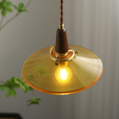 Contemporary Nordic Round Wood Iron Glass 1-Light Pendant Light For Living Room