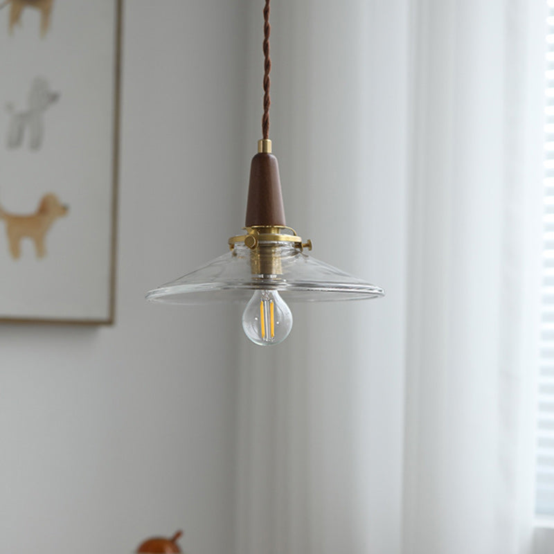 Contemporary Nordic Round Wood Iron Glass 1-Light Pendant Light For Living Room