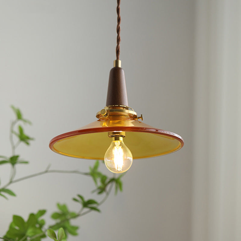 Contemporary Nordic Round Wood Iron Glass 1-Light Pendant Light For Living Room