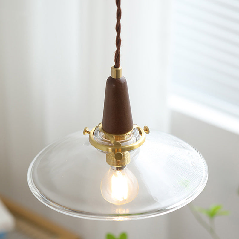 Contemporary Nordic Round Wood Iron Glass 1-Light Pendant Light For Living Room