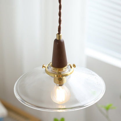 Contemporary Nordic Round Wood Iron Glass 1-Light Pendant Light For Living Room