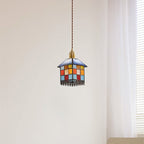 Traditional Japanese Rectangular Copper Glass 1-Light Pendant Light For Living Room