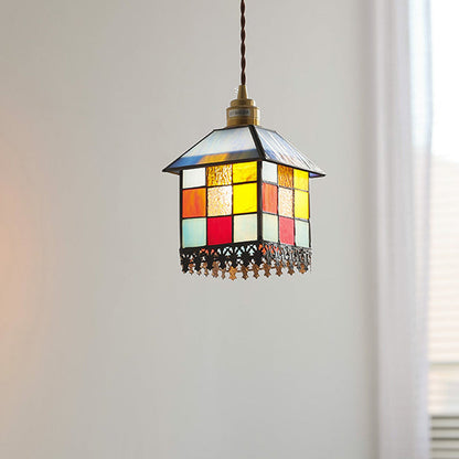 Traditional Japanese Rectangular Copper Glass 1-Light Pendant Light For Living Room