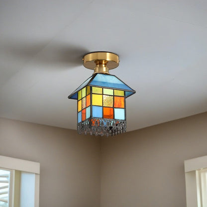 Traditional Japanese Rectangular Copper Glass 1-Light Semi-Flush Mount Ceiling Light For Living Room