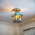 Traditional Japanese Rectangular Copper Glass 1-Light Semi-Flush Mount Ceiling Light For Living Room