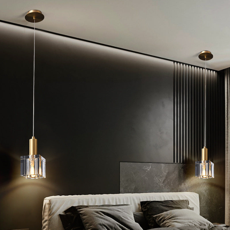 Contemporary Scandinavian Column Copper Crystal 1-Light Pendant Light For Living Room