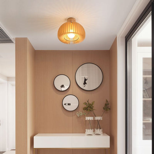 Traditional Japanese Round Iron Wood 1-light Semi-flush Mount Ceiling Light for Living Room