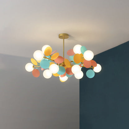 Contemporary Nordic Metal Acrylic Colorful Flower Branch Round Glass Ball 5/6/8/10/12/15 Light Chandelier for Living Room